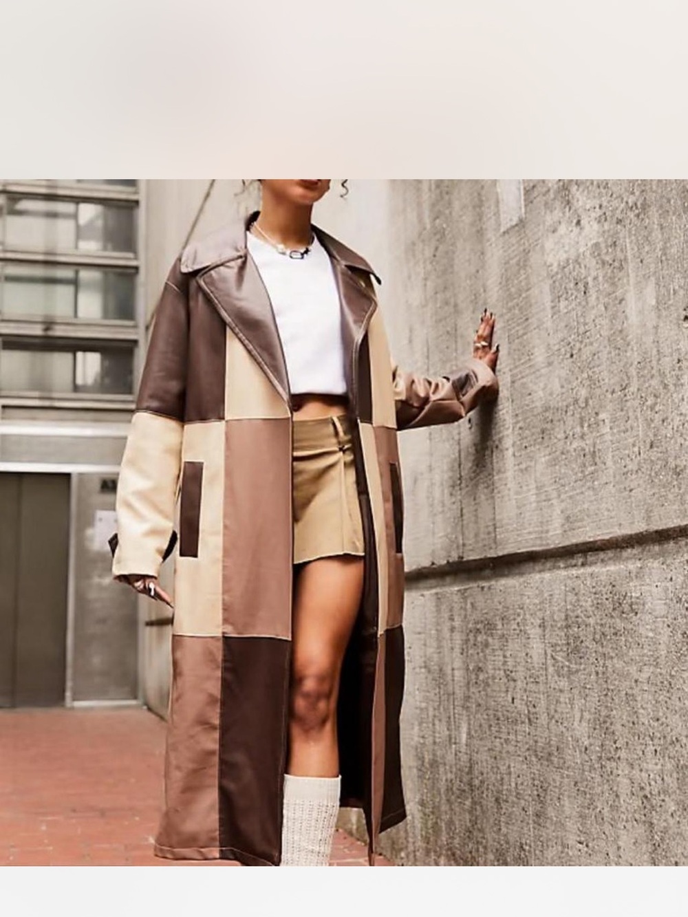 ASOS Colorblock Patchwork Trench Coat in Brown and Beige